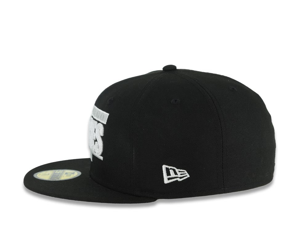San Diego Padres New Era MLB 59FIFTY 5950 Fitted Cap Hat Black Crown/Visor White Text Logo Swinging Friar Side Patch Gray UV