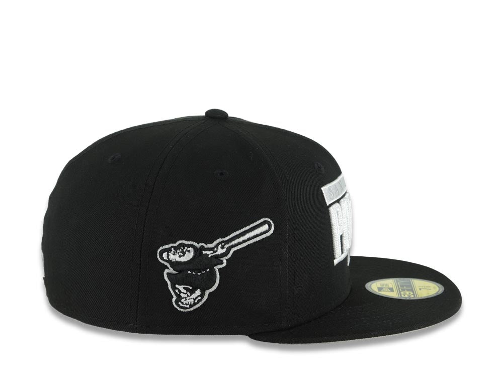 San Diego Padres New Era MLB 59FIFTY 5950 Fitted Cap Hat Black Crown/Visor White Text Logo Swinging Friar Side Patch Gray UV