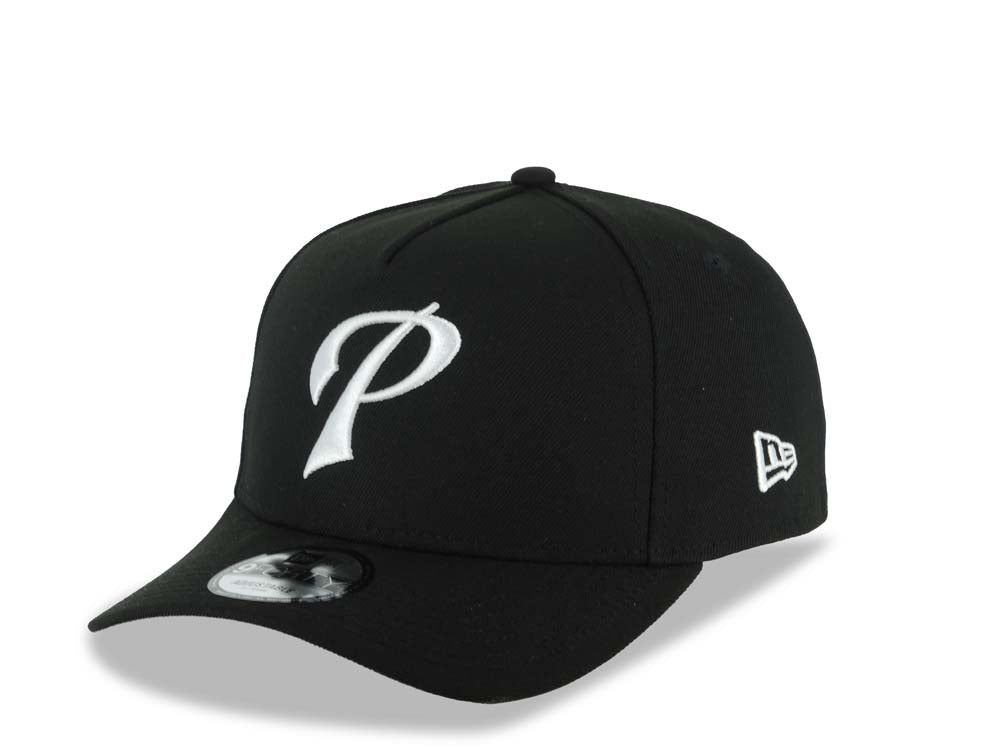 San Diego Padres New Era MLB 9FORTY 940 Adjustable A-Frame Cap Hat Black Crown/Visor White P Script Logo 40th Anniversary Side Patch Gray UV