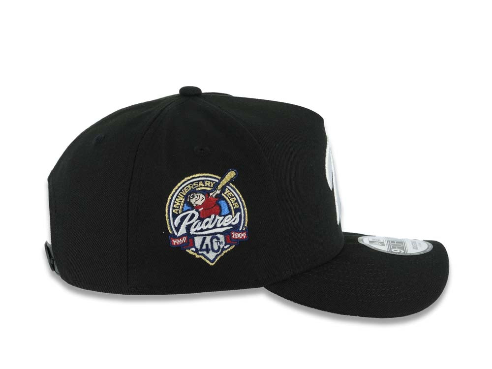 San Diego Padres New Era MLB 9FORTY 940 Adjustable A-Frame Cap Hat Black Crown/Visor White P Script Logo 40th Anniversary Side Patch Gray UV