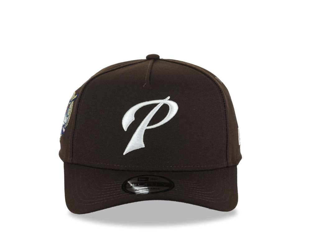 San Diego Padres New Era MLB 9FORTY 940 Adjustable A-Frame Cap Hat Dark Brown Crown/Visor White Script P Logo 40th Anniversary Side Patch Gray UV