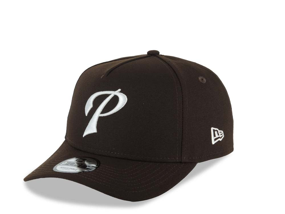 San Diego Padres New Era MLB 9FORTY 940 Adjustable A-Frame Cap Hat Dark Brown Crown/Visor White Script P Logo 40th Anniversary Side Patch Gray UV
