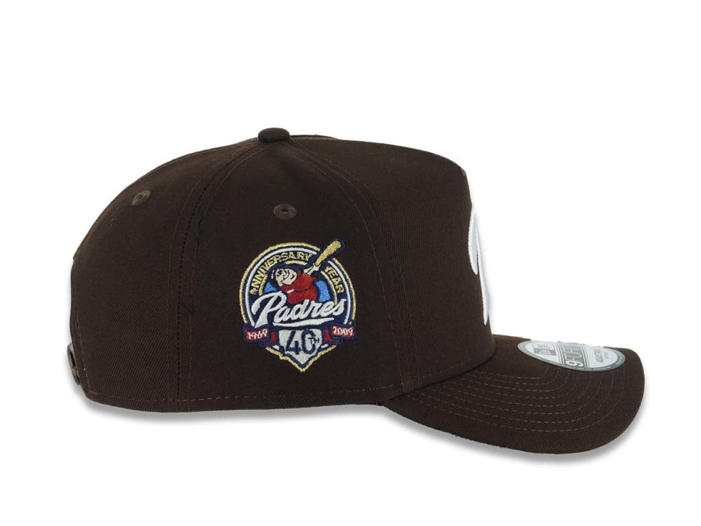 San Diego Padres New Era MLB 9FORTY 940 Adjustable A-Frame Cap Hat Dark Brown Crown/Visor White Script P Logo 40th Anniversary Side Patch Gray UV