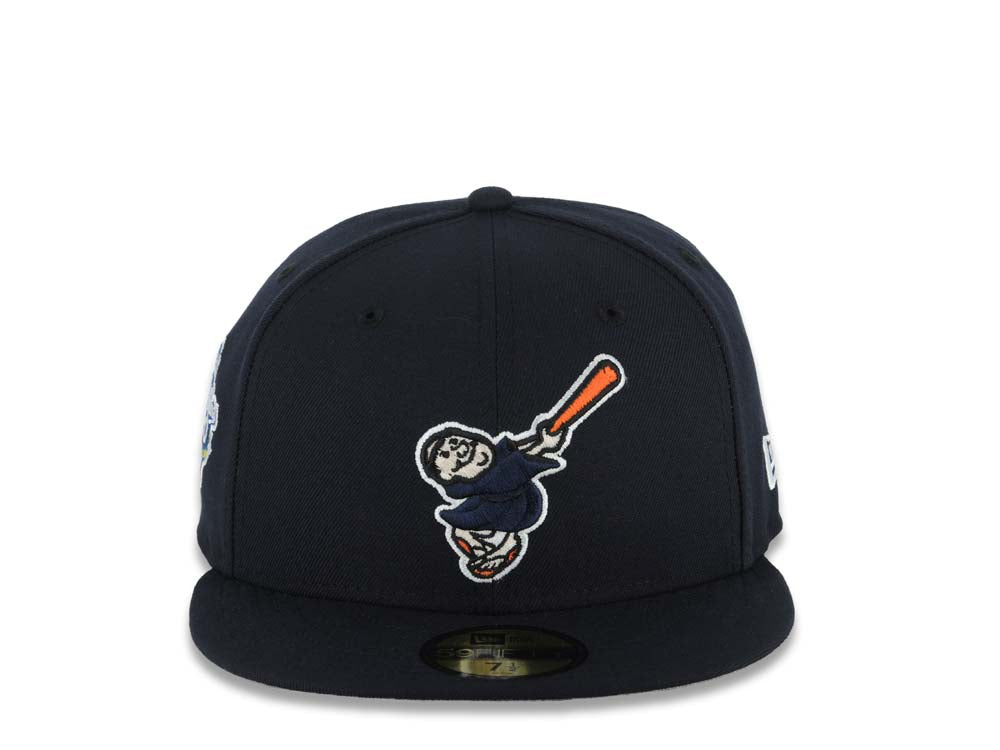 San Diego Padres New Era MLB 59FIFTY 5950 Fitted Cap Hat Navy Blue Crown/Visor Navy Blue/Orange Swinging Friar Logo 1998 World Series Side Patch Gray UV