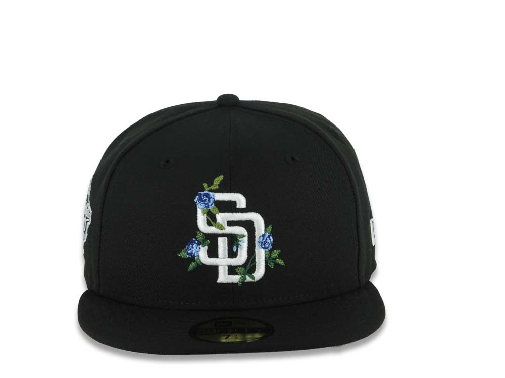 San Diego Padres New Era MLB 59FIFTY 5950 Fitted Cap Hat Black Crown/Visor White Logo With Rose 1998 World Series Side Patch Gray UV