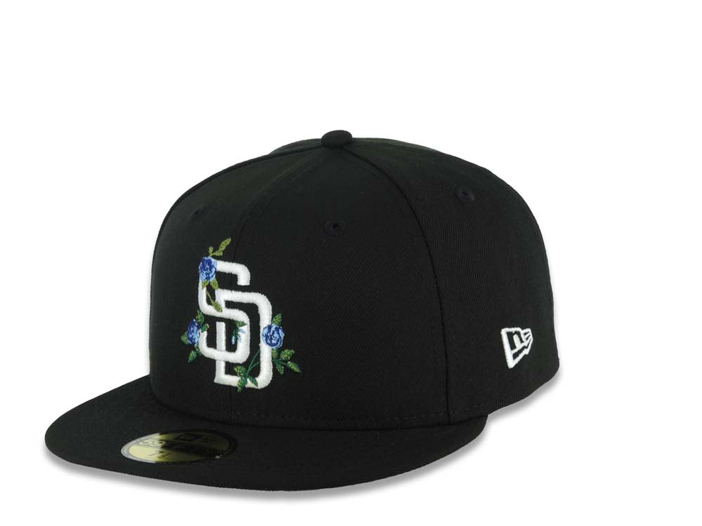 San Diego Padres New Era MLB 59FIFTY 5950 Fitted Cap Hat Black Crown/Visor White Logo With Rose 1998 World Series Side Patch Gray UV