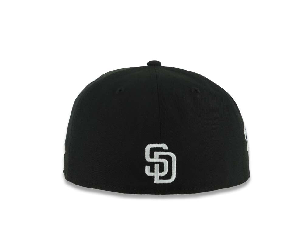 San Diego Padres New Era MLB 59FIFTY 5950 Fitted Cap Hat Black Crown/Visor White Logo With Rose 1998 World Series Side Patch Gray UV