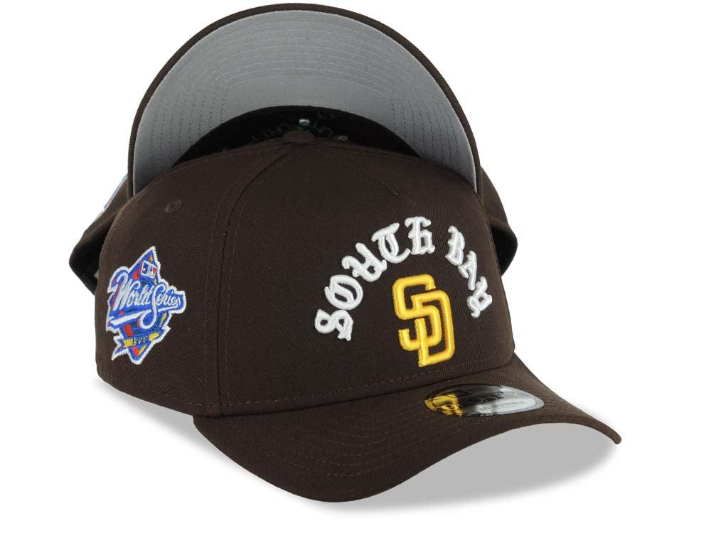 San Diego Padres New Era MLB 9FORTY 940 Adjustable A-Frame Cap Hat Brown Crown/Visor Yellow Logo With South Bay Script/Text 1998 World Series Side Patch