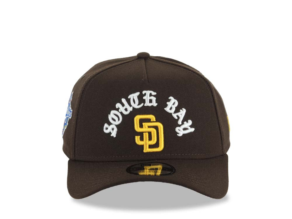 San Diego Padres New Era MLB 9FORTY 940 Adjustable A-Frame Cap Hat Brown Crown/Visor Yellow Logo With South Bay Script/Text 1998 World Series Side Patch