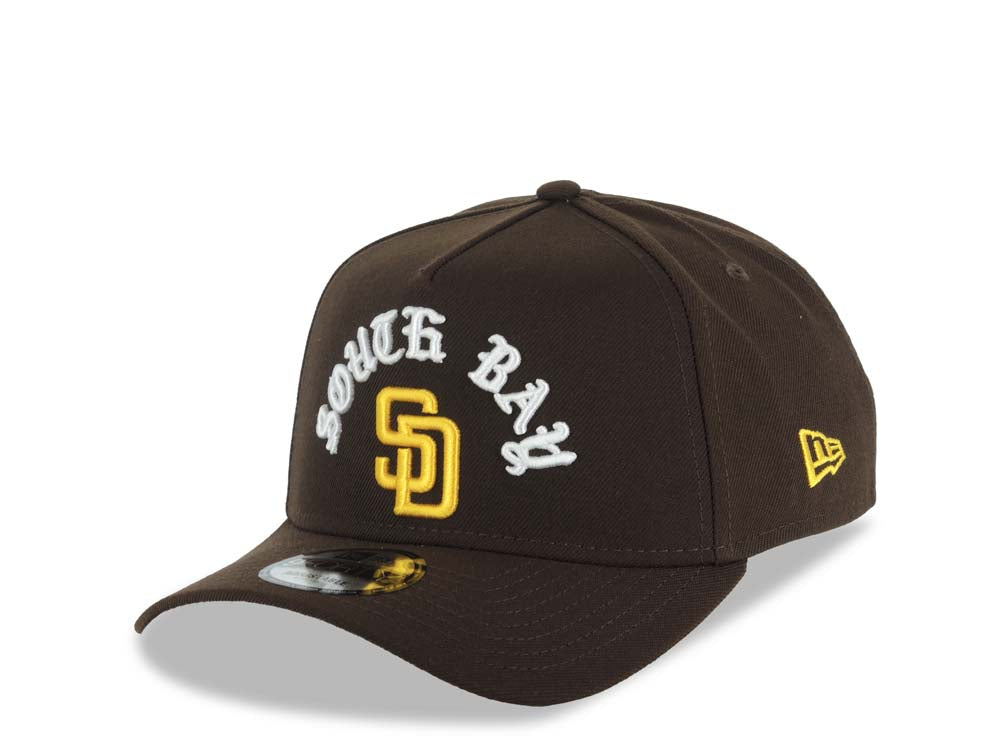 San Diego Padres New Era MLB 9FORTY 940 Adjustable A-Frame Cap Hat Brown Crown/Visor Yellow Logo With South Bay Script/Text 1998 World Series Side Patch