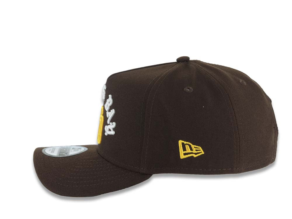 San Diego Padres New Era MLB 9FORTY 940 Adjustable A-Frame Cap Hat Brown Crown/Visor Yellow Logo With South Bay Script/Text 1998 World Series Side Patch