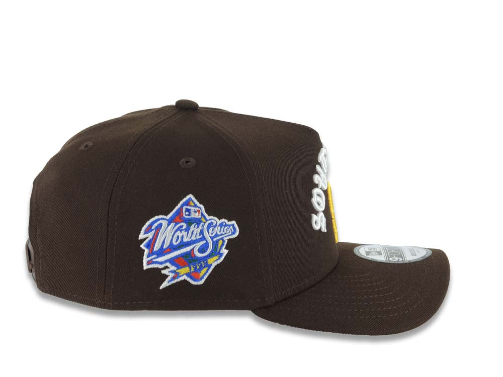 San Diego Padres New Era MLB 9FORTY 940 Adjustable A-Frame Cap Hat Brown Crown/Visor Yellow Logo With South Bay Script/Text 1998 World Series Side Patch