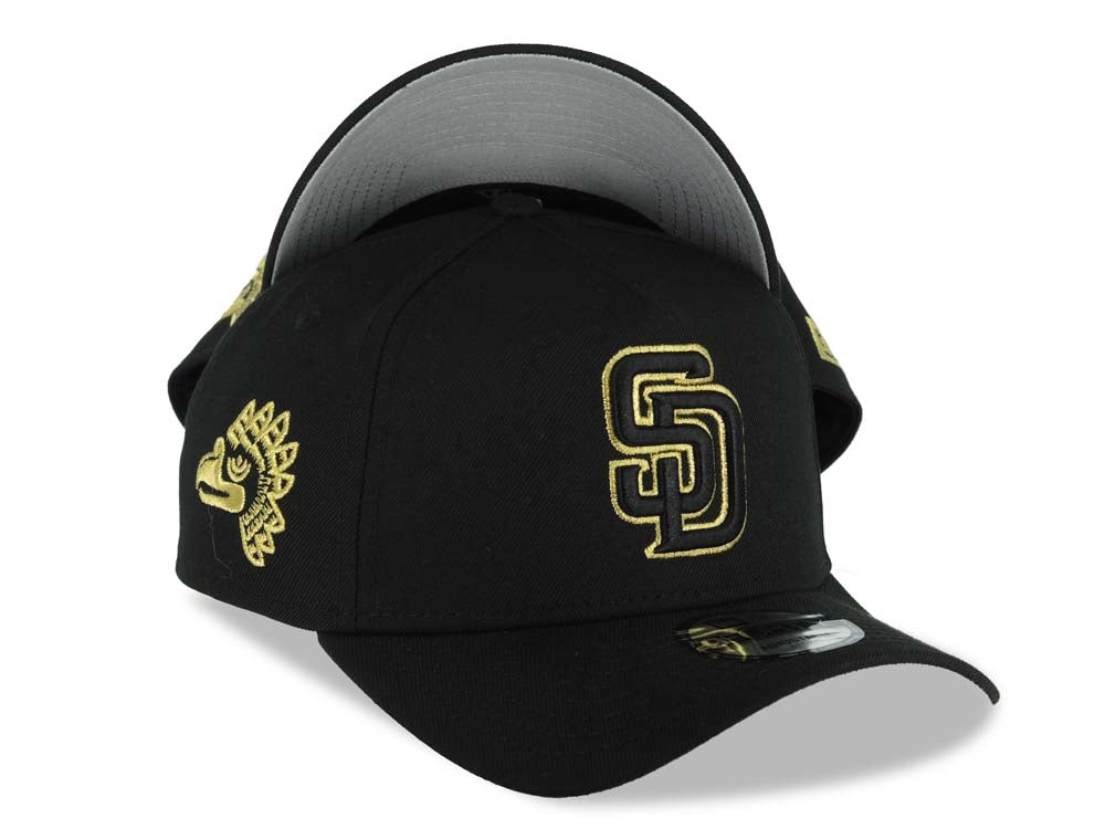 San Diego Padres New Era MLB 9FORTY 940 Adjustable A-Frame Hat Black Crown/Visor Black/Metallic Gold Logo Metallic Gold Eagle Side Patch Gray UV