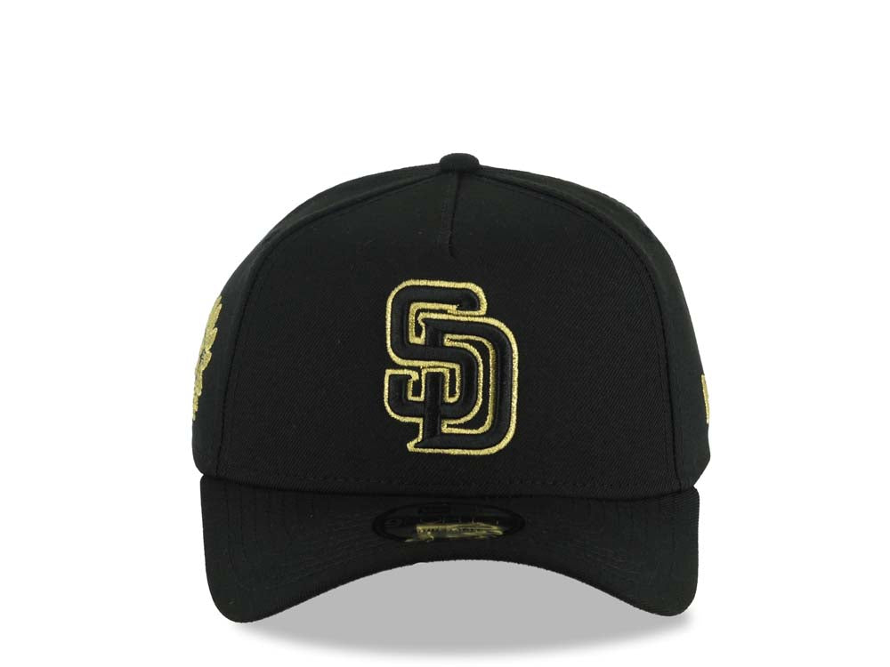 San Diego Padres New Era MLB 9FORTY 940 Adjustable A-Frame Hat Black Crown/Visor Black/Metallic Gold Logo Metallic Gold Eagle Side Patch Gray UV