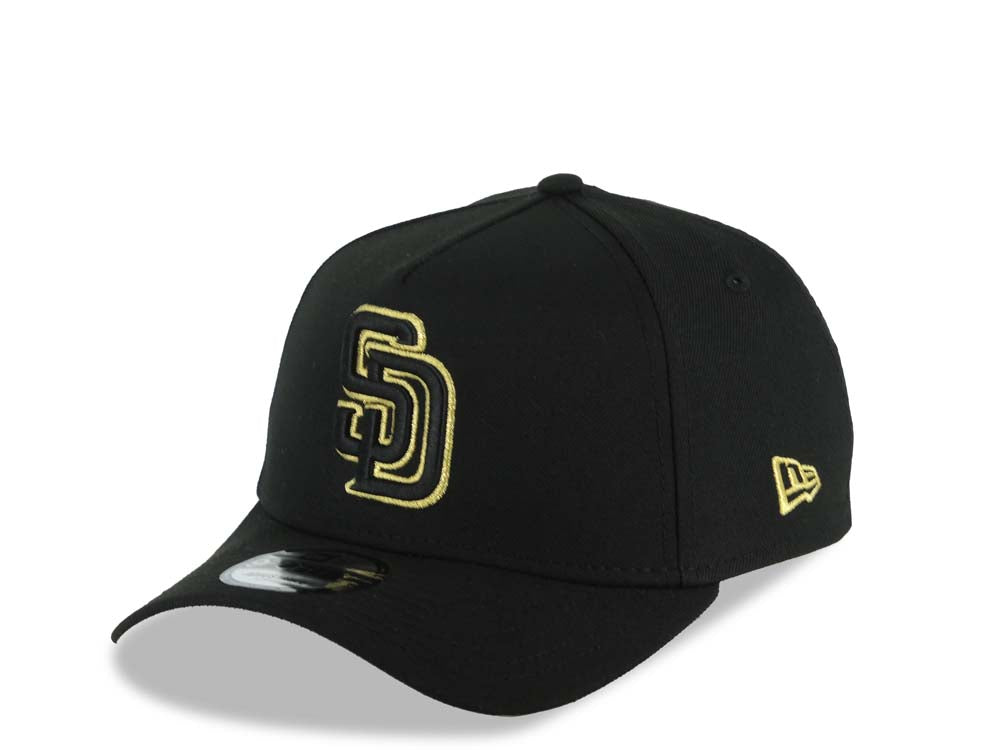San Diego Padres New Era MLB 9FORTY 940 Adjustable A-Frame Hat Black Crown/Visor Black/Metallic Gold Logo Metallic Gold Eagle Side Patch Gray UV
