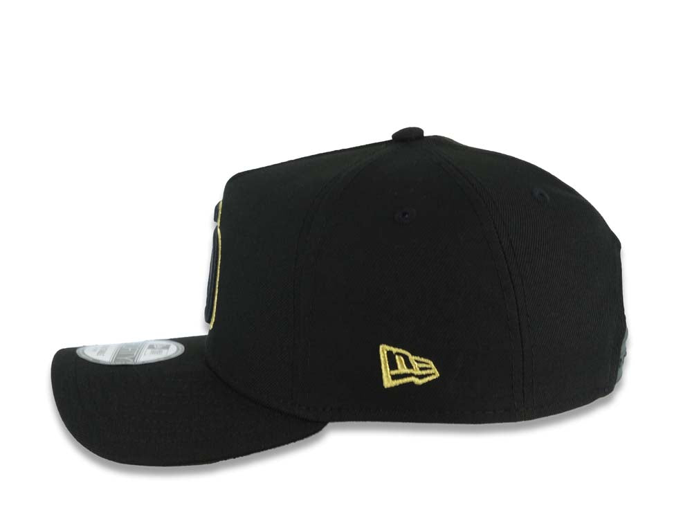 San Diego Padres New Era MLB 9FORTY 940 Adjustable A-Frame Hat Black Crown/Visor Black/Metallic Gold Logo Metallic Gold Eagle Side Patch Gray UV