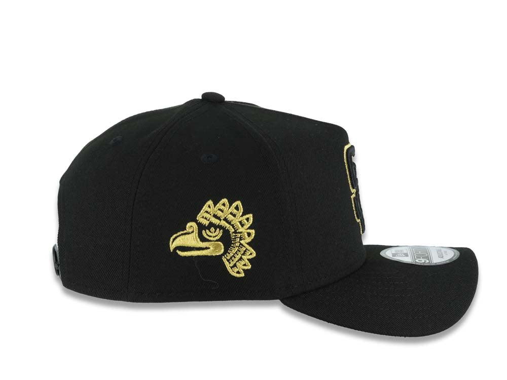 San Diego Padres New Era MLB 9FORTY 940 Adjustable A-Frame Hat Black Crown/Visor Black/Metallic Gold Logo Metallic Gold Eagle Side Patch Gray UV