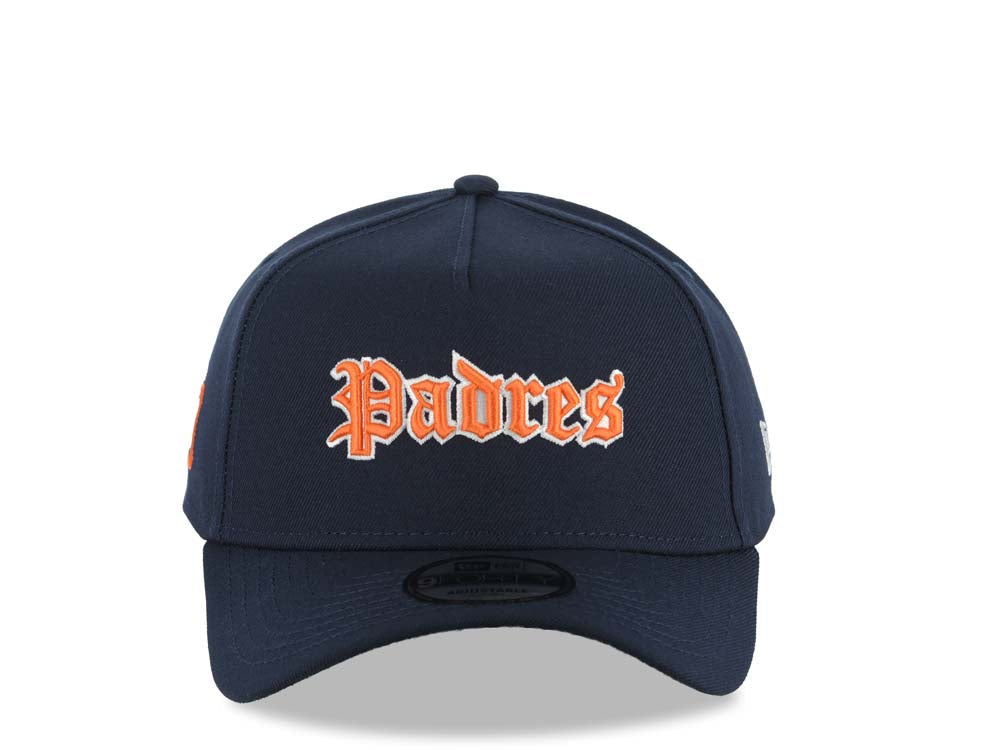 San Diego Padres New Era MLB 9FORTY 940 Adjustable A-Frame Hat Navy Blue Crown/Visor Orange/White Script/Text Logo SD Side Patch Green UV