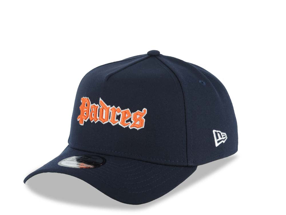 San Diego Padres New Era MLB 9FORTY 940 Adjustable A-Frame Hat Navy Blue Crown/Visor Orange/White Script/Text Logo SD Side Patch Green UV