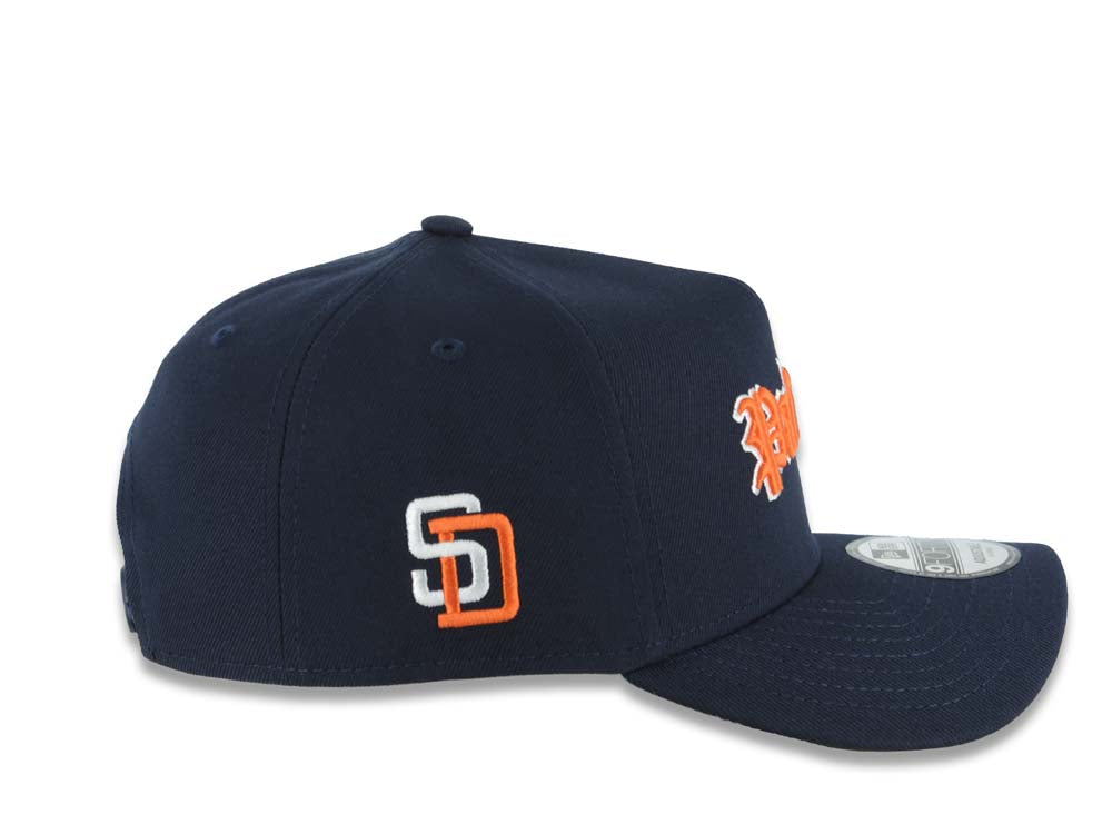San Diego Padres New Era MLB 9FORTY 940 Adjustable A-Frame Hat Navy Blue Crown/Visor Orange/White Script/Text Logo SD Side Patch Green UV