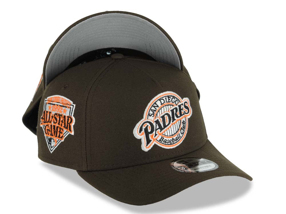 San Diego Padres New Era MLB 9FORTY 940 Adjustable A-Frame Hat Brown Crown/Visor Black/Orange Baseball Club Logo 1992 All-Star Game Side Patch Gray UV