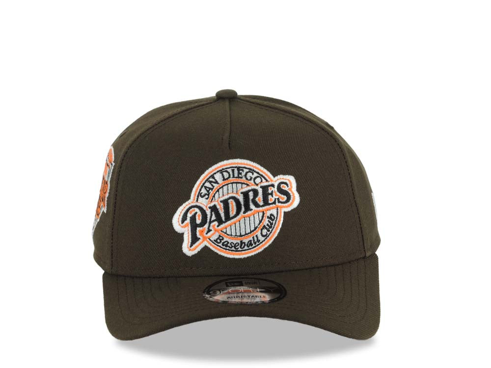 San Diego Padres New Era MLB 9FORTY 940 Adjustable A-Frame Hat Brown Crown/Visor Black/Orange Baseball Club Logo 1992 All-Star Game Side Patch Gray UV