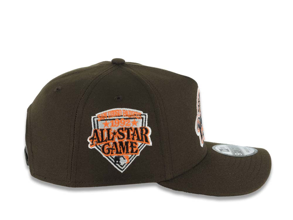 San Diego Padres New Era MLB 9FORTY 940 Adjustable A-Frame Hat Brown Crown/Visor Black/Orange Baseball Club Logo 1992 All-Star Game Side Patch Gray UV