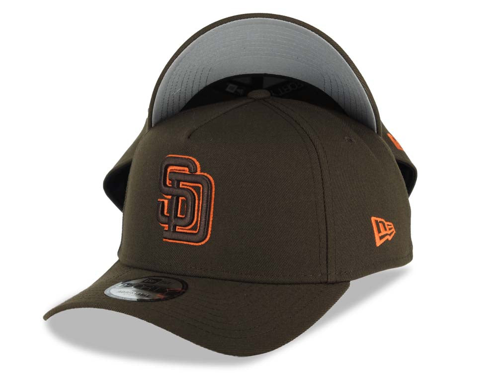 San Diego Padres New Era MLB 9FORTY 940 Adjustable A-Frame Hat Brown Crown/Visor Brown/Orange Logo Gray UV