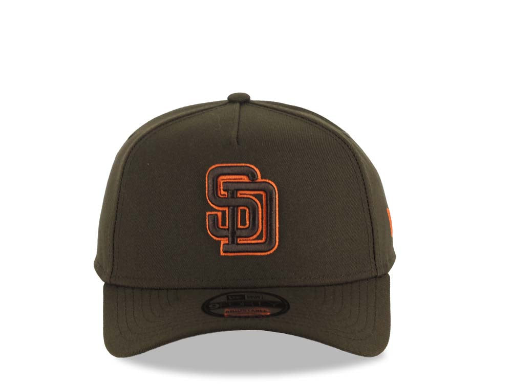 San Diego Padres New Era MLB 9FORTY 940 Adjustable A-Frame Hat Brown Crown/Visor Brown/Orange Logo Gray UV