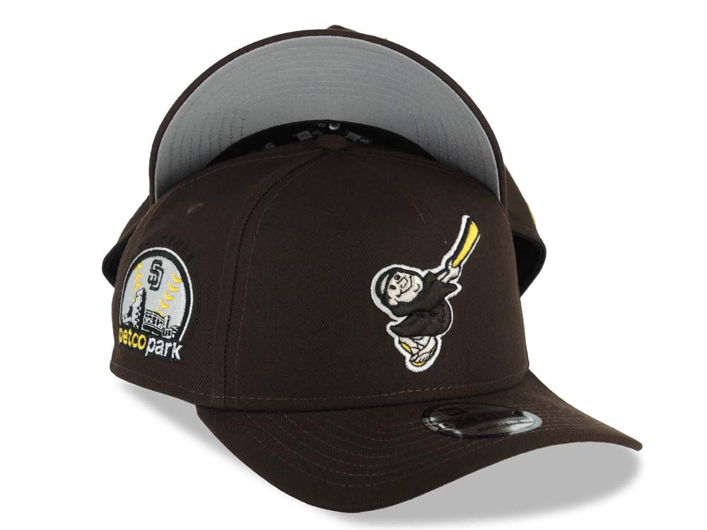 San Diego Padres New Era MLB 9FORTY 940 Adjustable A-Frame Hat Brown Crown/Visor Brown/White/Yellow Swinging Friar Logo Petco Park Stadium Side Patch Gray UV