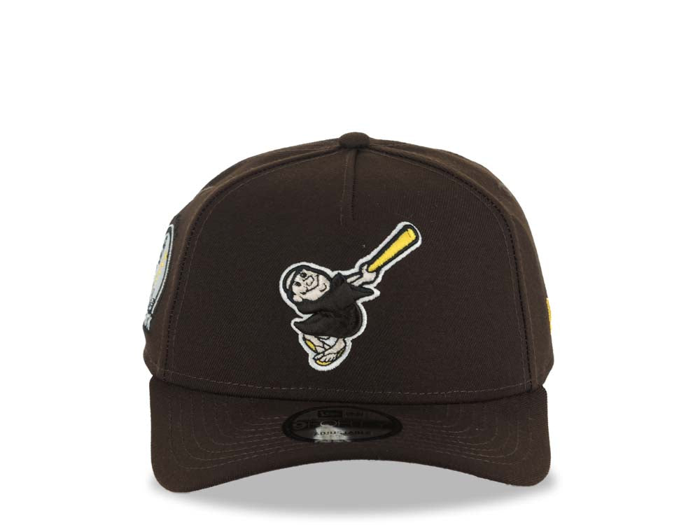 San Diego Padres New Era MLB 9FORTY 940 Adjustable A-Frame Hat Brown Crown/Visor Brown/White/Yellow Swinging Friar Logo Petco Park Stadium Side Patch Gray UV