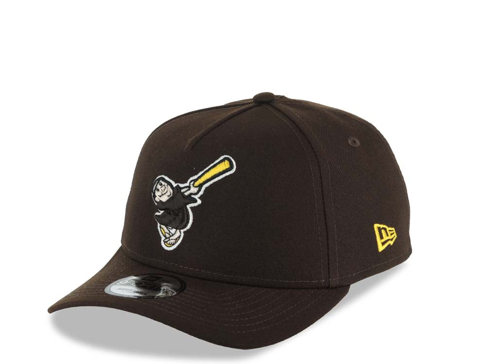 San Diego Padres New Era MLB 9FORTY 940 Adjustable A-Frame Hat Brown Crown/Visor Brown/White/Yellow Swinging Friar Logo Petco Park Stadium Side Patch Gray UV