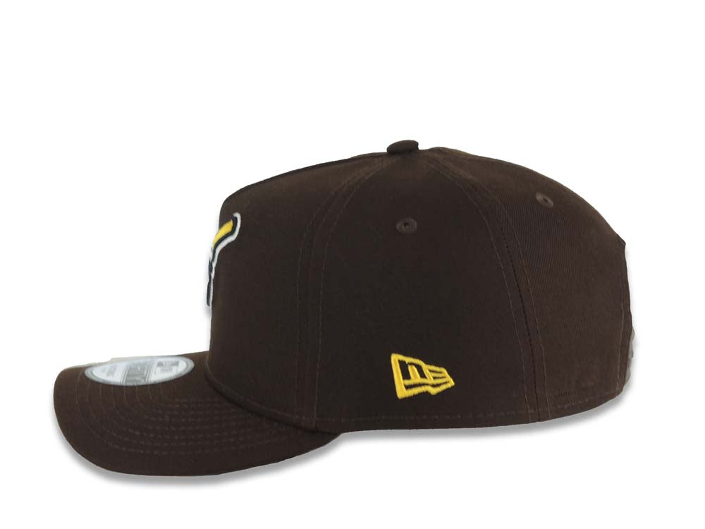 San Diego Padres New Era MLB 9FORTY 940 Adjustable A-Frame Hat Brown Crown/Visor Brown/White/Yellow Swinging Friar Logo Petco Park Stadium Side Patch Gray UV