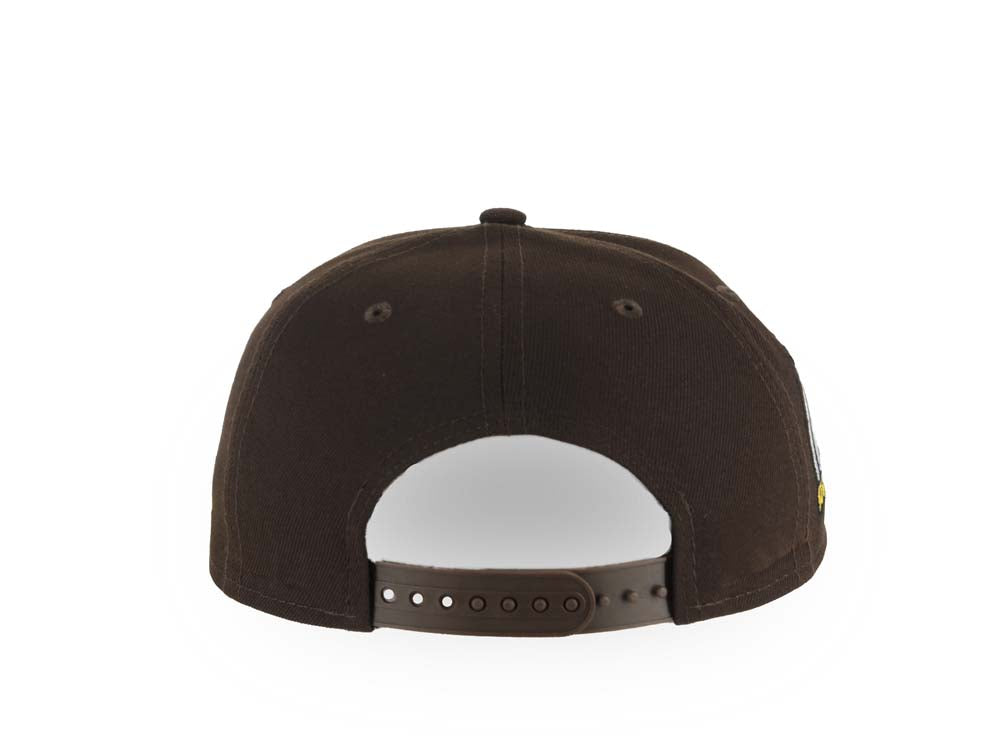 San Diego Padres New Era MLB 9FORTY 940 Adjustable A-Frame Hat Brown Crown/Visor Brown/White/Yellow Swinging Friar Logo Petco Park Stadium Side Patch Gray UV