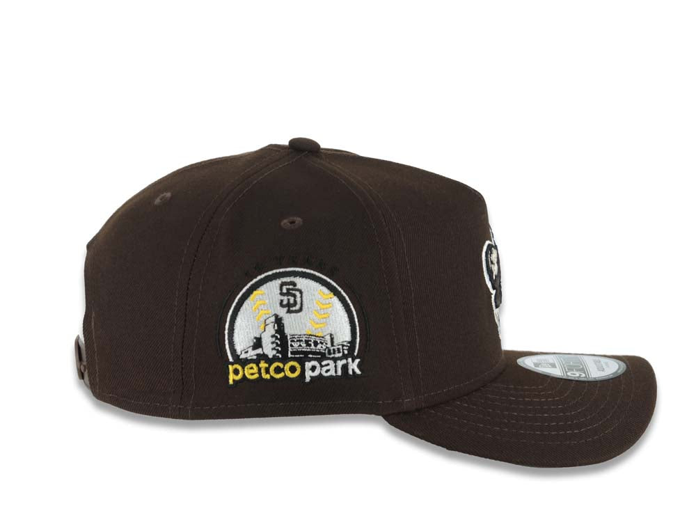 San Diego Padres New Era MLB 9FORTY 940 Adjustable A-Frame Hat Brown Crown/Visor Brown/White/Yellow Swinging Friar Logo Petco Park Stadium Side Patch Gray UV