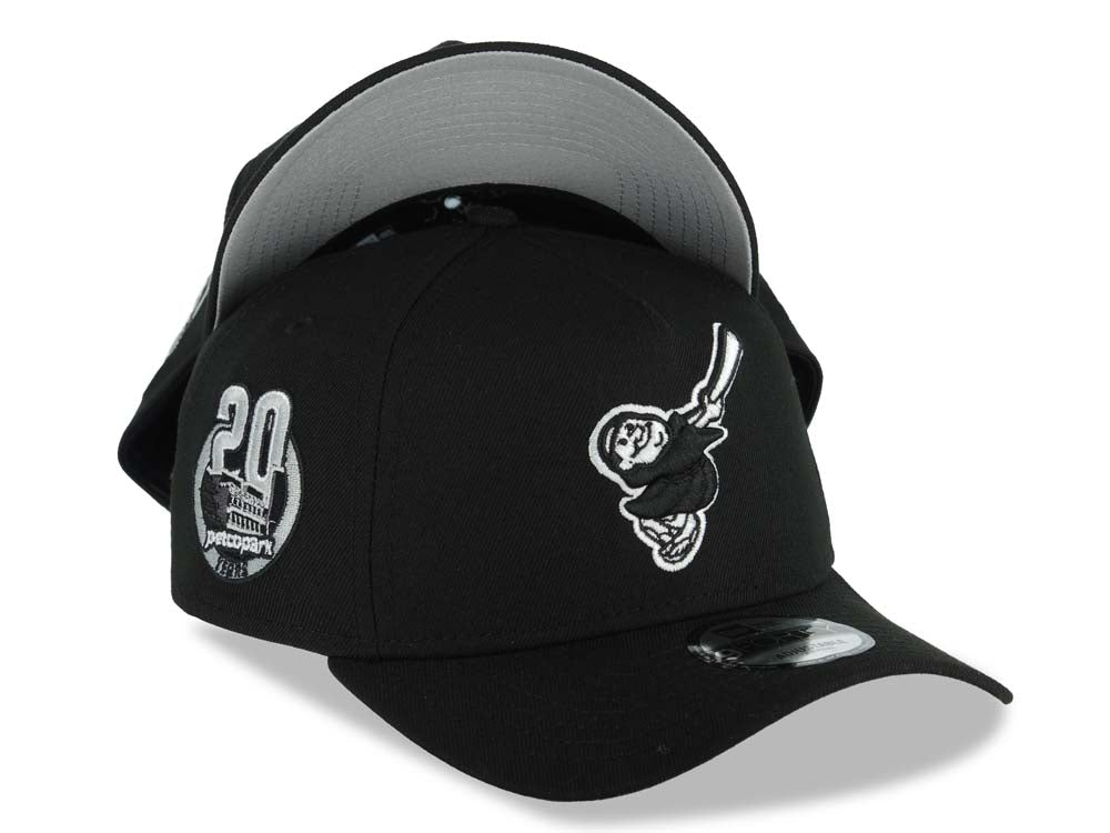San Diego Padres New Era MLB 9FORTY 940 Adjustable A-Frame Hat Black Crown/Visor Black/White Swinging Friar Logo 20th Anniversary Side Patch Gray UV