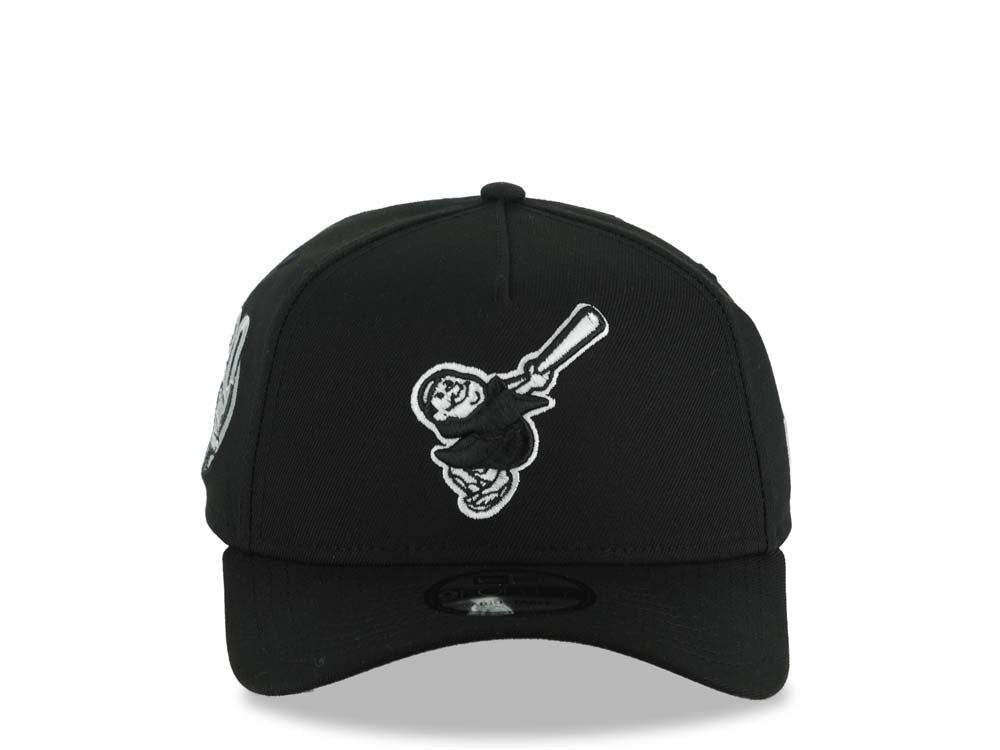 San Diego Padres New Era MLB 9FORTY 940 Adjustable A-Frame Hat Black Crown/Visor Black/White Swinging Friar Logo 20th Anniversary Side Patch Gray UV