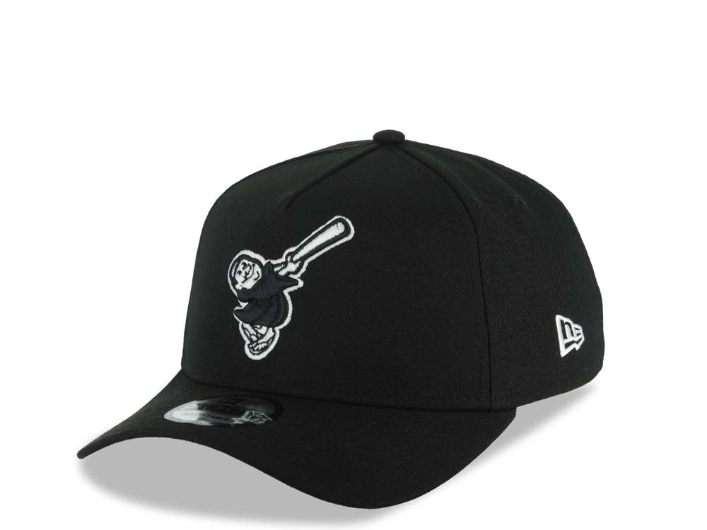 San Diego Padres New Era MLB 9FORTY 940 Adjustable A-Frame Hat Black Crown/Visor Black/White Swinging Friar Logo 20th Anniversary Side Patch Gray UV