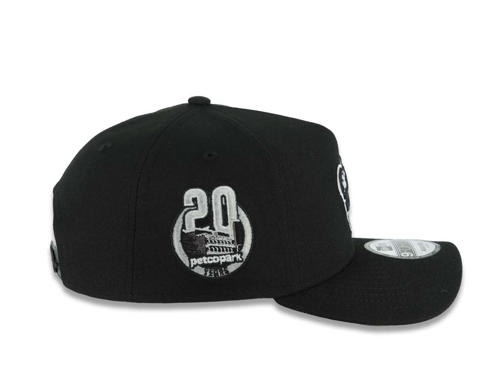 San Diego Padres New Era MLB 9FORTY 940 Adjustable A-Frame Hat Black Crown/Visor Black/White Swinging Friar Logo 20th Anniversary Side Patch Gray UV