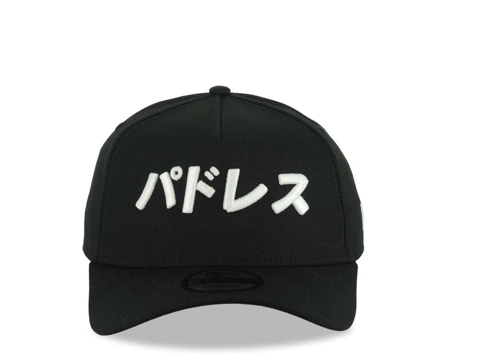 San Diego Padres New Era MLB 9FORTY 940 Adjustable A-Frame Hat Black Crown/Visor White Japen Text Logo Gray UV