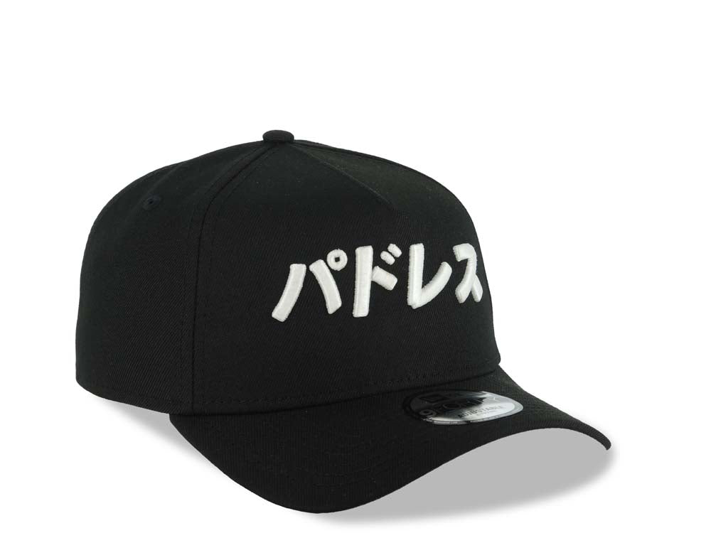 San Diego Padres New Era MLB 9FORTY 940 Adjustable A-Frame Hat Black Crown/Visor White Japen Text Logo Gray UV