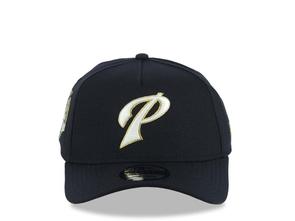 San Diego Padres New Era MLB 9FORTY 940 Adjustable A-Frame Hat Navy Blue Crown/Visor Glow White/Metallic Gold P Logo 40th Anniversary Side Patch Gray UV