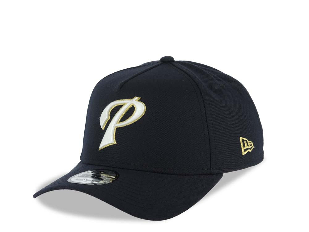 San Diego Padres New Era MLB 9FORTY 940 Adjustable A-Frame Hat Navy Blue Crown/Visor Glow White/Metallic Gold P Logo 40th Anniversary Side Patch Gray UV