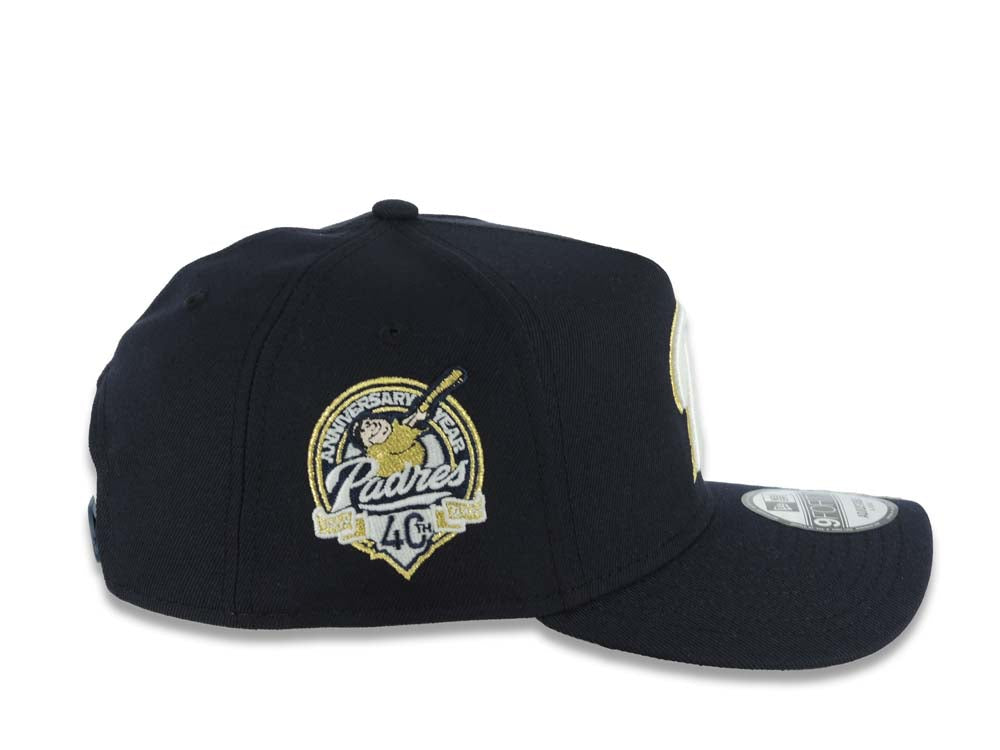 San Diego Padres New Era MLB 9FORTY 940 Adjustable A-Frame Hat Navy Blue Crown/Visor Glow White/Metallic Gold P Logo 40th Anniversary Side Patch Gray UV
