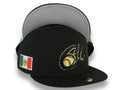 Charros de Jalisco New Era LMP 59FIFTY 5950 Fitted Cap Hat Black Crown/Visor Black/Metallic Gold Logo Mexico Flag Side Patch Gray UV