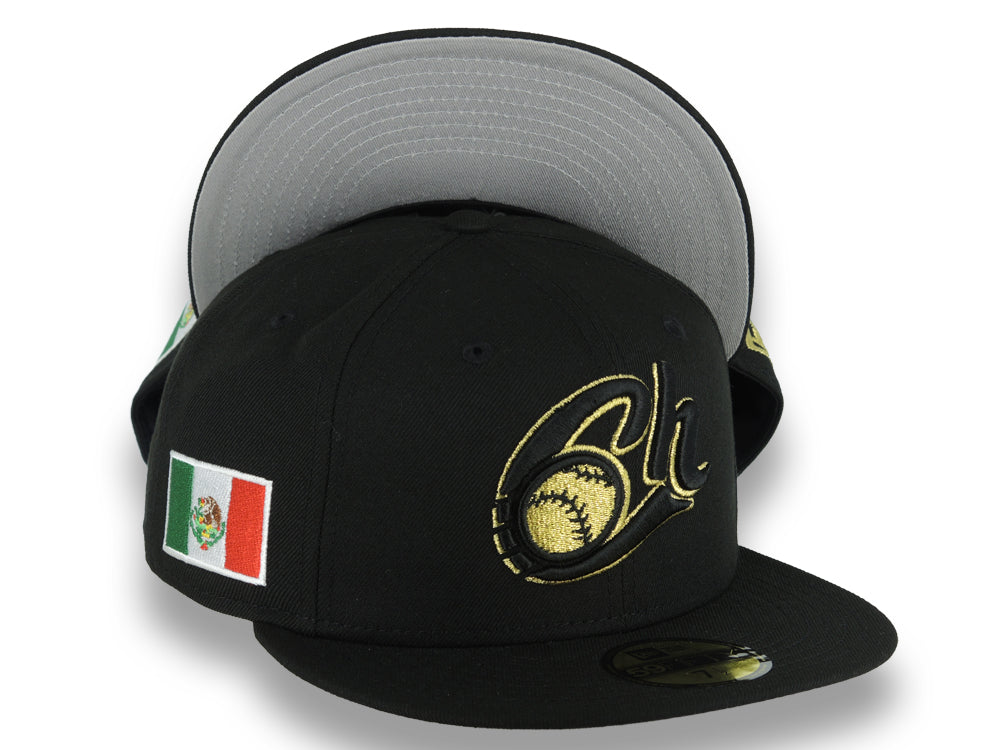 Charros de Jalisco New Era LMP 59FIFTY 5950 Fitted Cap Hat Black Crown/Visor Black/Metallic Gold Logo Mexico Flag Side Patch Gray UV