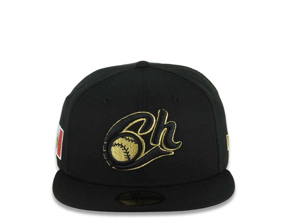 Charros de Jalisco New Era LMP 59FIFTY 5950 Fitted Cap Hat Black Crown/Visor Black/Metallic Gold Logo Mexico Flag Side Patch Gray UV