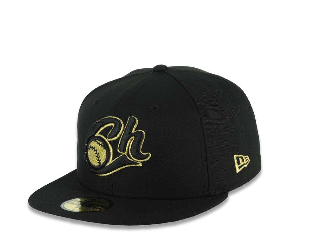 Charros de Jalisco New Era LMP 59FIFTY 5950 Fitted Cap Hat Black Crown/Visor Black/Metallic Gold Logo Mexico Flag Side Patch Gray UV