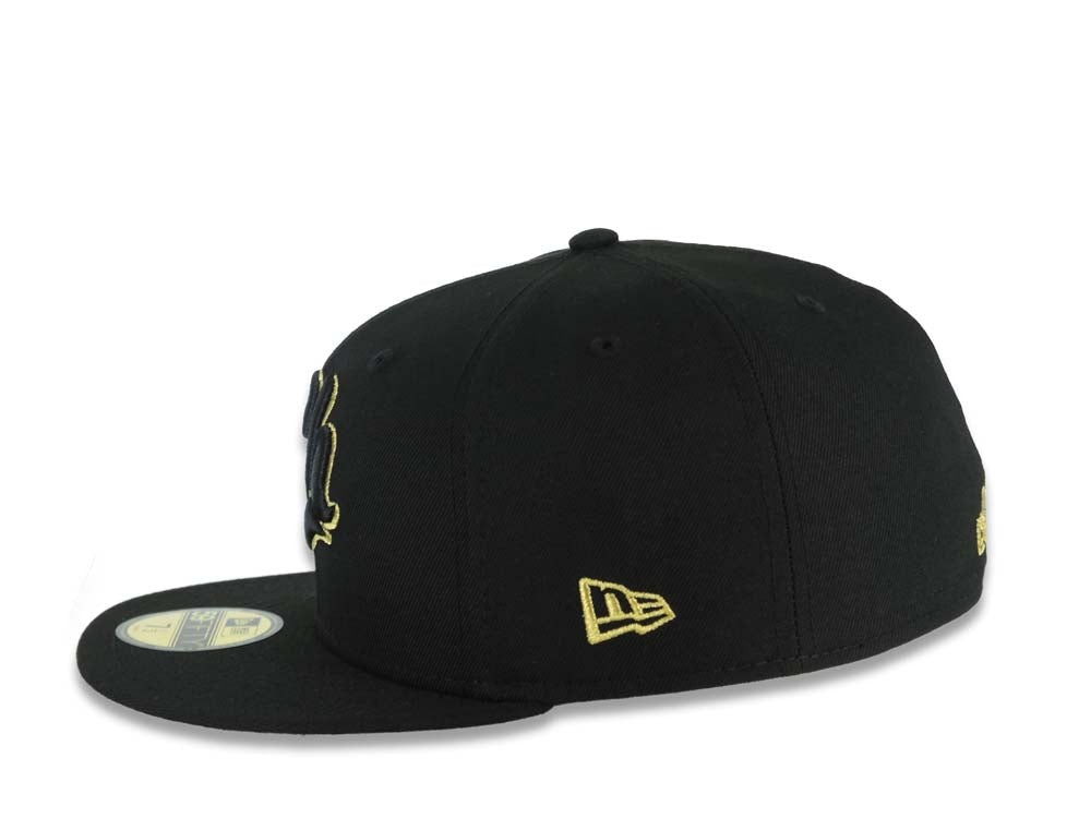 Charros de Jalisco New Era LMP 59FIFTY 5950 Fitted Cap Hat Black Crown/Visor Black/Metallic Gold Logo Mexico Flag Side Patch Gray UV