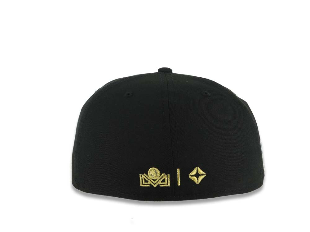 Charros de Jalisco New Era LMP 59FIFTY 5950 Fitted Cap Hat Black Crown/Visor Black/Metallic Gold Logo Mexico Flag Side Patch Gray UV
